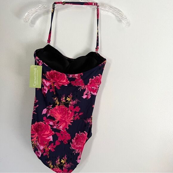 NWT New Garnet Hill Ruched Bandeau One Piece Swimsuit 4 Navy Fuschia Floral - Picture 5 of 8